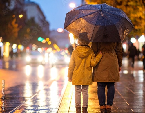 Mujer y nuño con paraguas en la ciudad dia de lluvia noche de lluvia