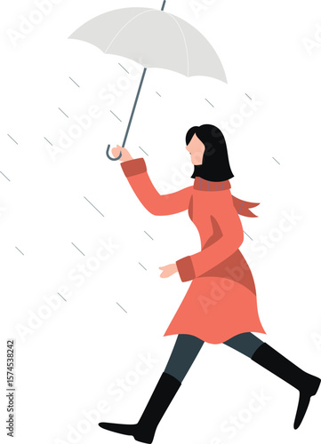 The girl is walking fast holding umbrella