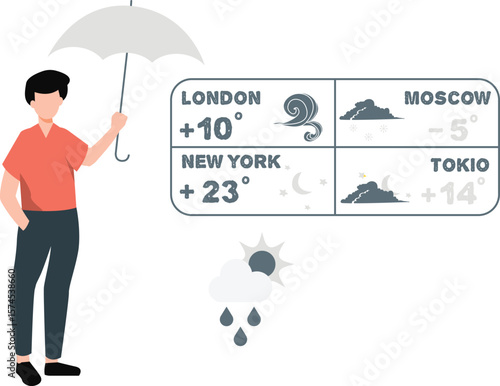 The host gives weather updates holding umbrella