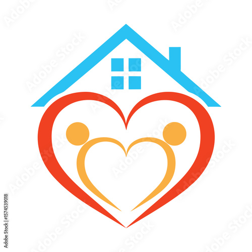 Blue house roof over orange and yellow figures forming a heart people