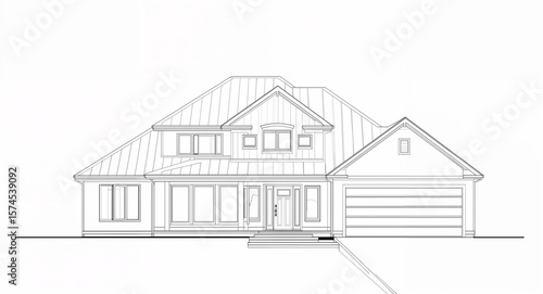 Front view of a modern house line art hand drawing in plain white background