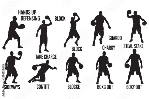 Silhouette illustration of nine basketball players in different shooting poses.