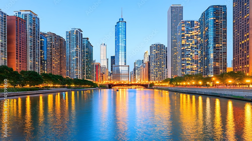 Naklejka premium City skyline at twilight reflecting in a river.