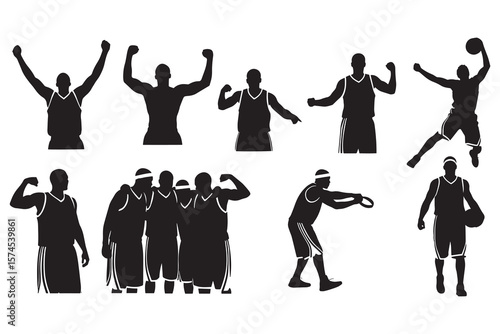 Silhouette illustration of nine basketball players in different shooting poses.