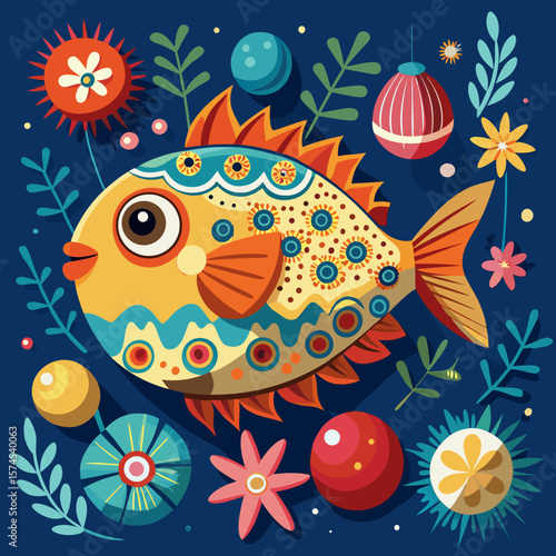 Cheerful sea life aquatic design element, a fanciful fish with vibrant colors swimming amongst botanical shapes and playful bubbles.