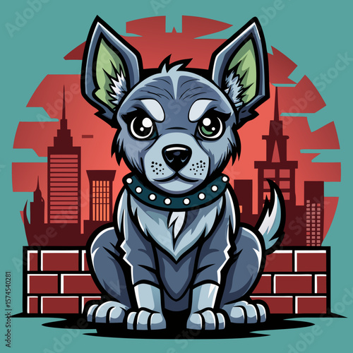 Adorable cartoon Chihuahua sits playfully in front of a city skyline, creating a whimsical and charming design for various creative projects.