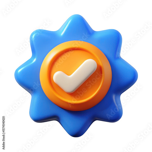Blue star badge with orange circle and white checkmark symbol