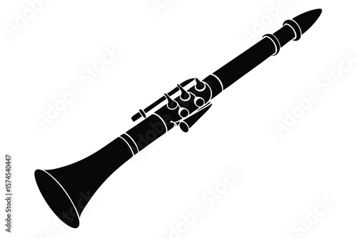Black silhouette of a clarinet musical instrument on a white background