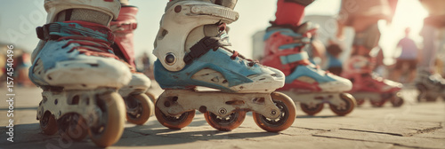 Close up of inline skates on sunny day in park