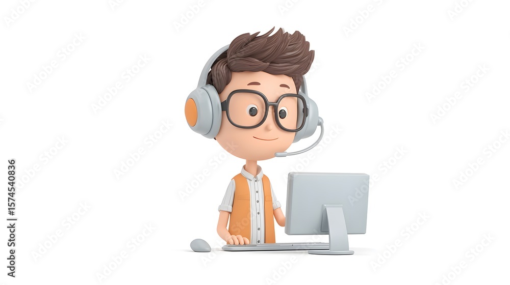 3D cartoon call center employee with headset and computer, isolated white background 3D cartoon call center employee with headset and computer, isolated white background