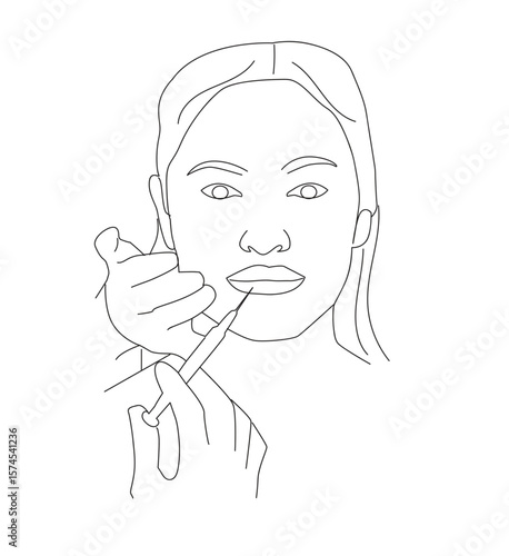 lip filler. Continuous line drawing of beauty shot in lips. Gloved hand holding syringe for lip botox injection 