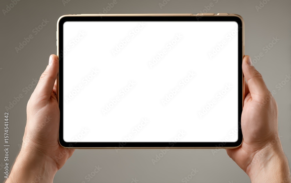 Close-up shot of hands holding a modern tablet device with blank mockup white screen against a soft neutral background, perfect for mockups. Close-up shot of hands holding a modern tablet device with blank mockup white screen against a soft neutral background, perfect for mockups.