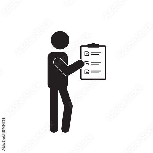 The image shows a minimalist stick figure holding a clipboard with a checklist, representing task management and organization. Simple black and white design ideal for business