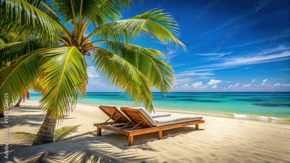 Fototapeta premium sun lounger with cosy cushions under the shade of palm trees on a sandy beach with the blue ocean in the background