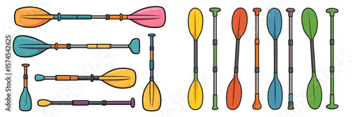 Various colorful paddles designed for kayaking and canoeing are displayed in an organized manner highlighting their distinctive styles