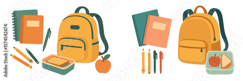 Back to school supplies with backpacks, notebooks, and lunch boxes for students preparing for classes