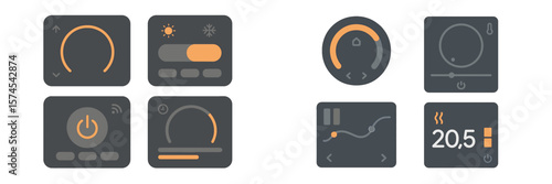Various user interface controls designed for temperature and lighting adjustments in modern smart home systems