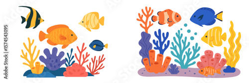 Colorful underwater scene featuring various fish and vibrant corals in a tropical habitat