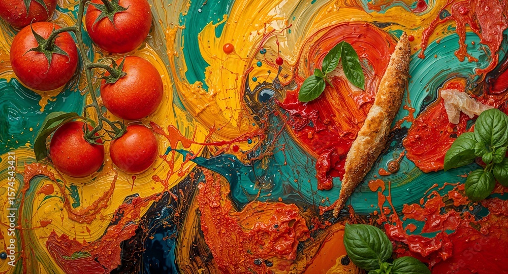 Naklejka premium Colorful abstract painting with tomatoes basil and breadstick on a vibrant background texture