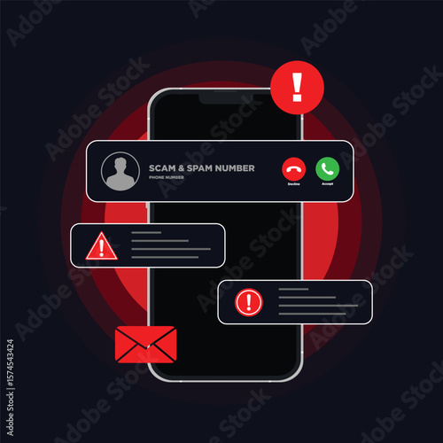 Mobile Fraud Alert, Phone scam ads, Online Warning. Spam Distribution or Malware Spreading Virus - mobile fraud alert warning notification. Vector isolated illustration on dark background with icon