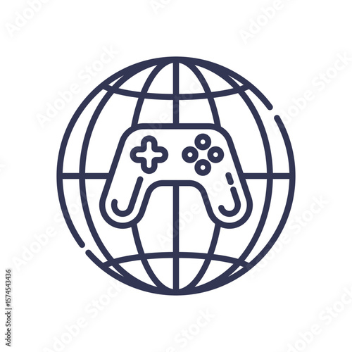Line art icon of a game controller on a wireframe globe, symbolizing a connected worldwide gaming community and international online multiplayer.