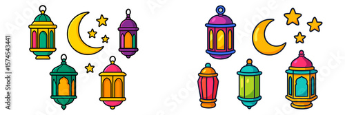 Colorful decorative lanterns and celestial symbols create a festive atmosphere during the evening celebration