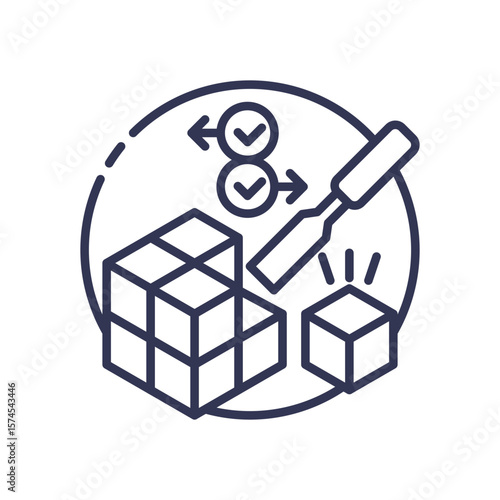 An icon representing feature engineering. A chisel carves a refined cube (feature) from a complex data block, symbolizing data transformation and selection for machine learning.