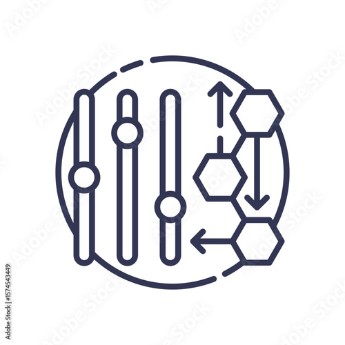 An icon with sliders and a hexagonal workflow, symbolizing the adjustment of parameters to optimize and fine-tune AI or machine learning models for specific tasks.
