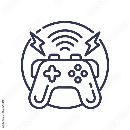 A line art icon of a wireless game controller with action symbols. It represents interactivity through user control, real-time connection, and dynamic feedback in digital entertainment.