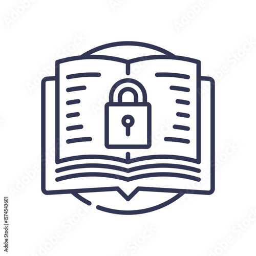 A line icon of an open book with a padlock. It symbolizes a known security vulnerability, classified information, or a knowledge gap requiring protection.