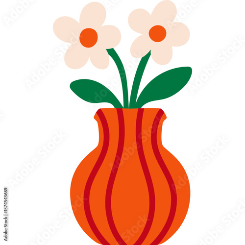 Orange vase with wavy pattern and white flowers flat floral illustration