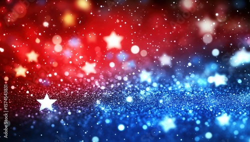 Sparkling red, white, and blue glitter with star shapes creates a festive, vibrant, and celebratory atmosphere resembling a patriotic or holiday theme.