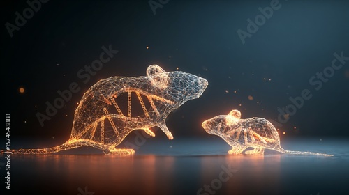 Two glowing mouse silhouettes connected by a DNA double helix to their offspring, representing reproductive science