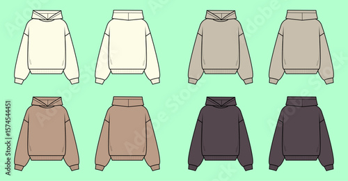 Unisex drop shoulder hoodie fashion outline flat sketch CAD mockup.