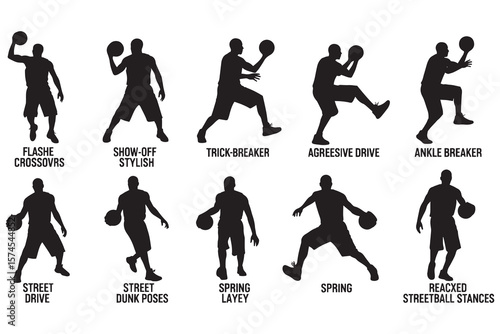 Silhouette illustration of nine basketball players in different shooting poses.