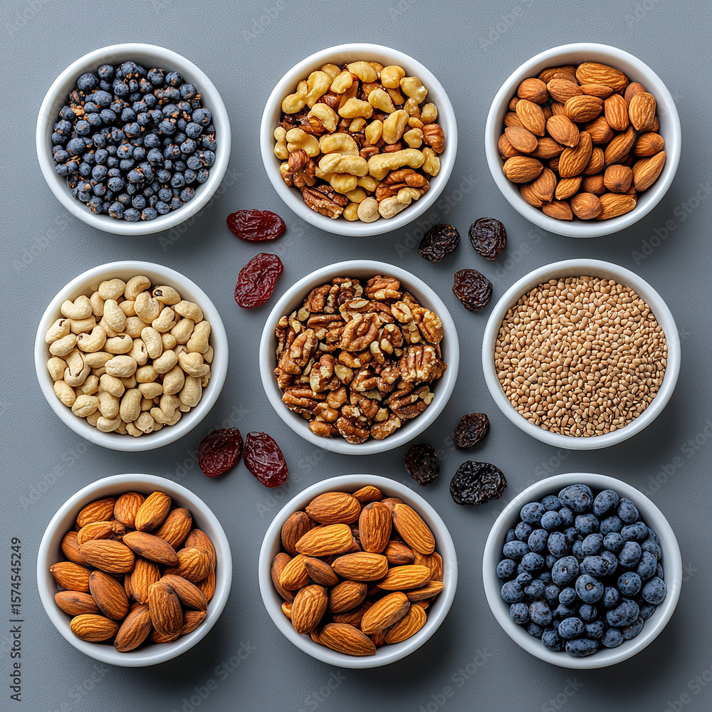 Minimalist Flat Lay – Mixed Nuts in Bowls on Neutral Grey Surface Minimalist Flat Lay – Mixed Nuts in Bowls on Neutral Grey Surface