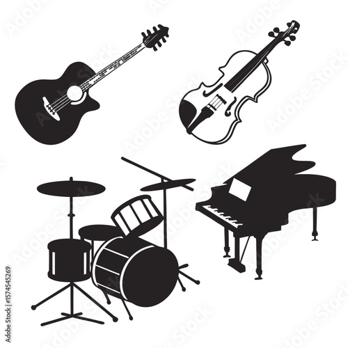 Black silhouettes of musical instruments guitar violin