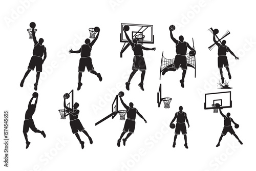 Silhouette illustration of nine basketball players in different shooting poses.