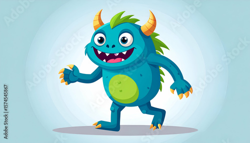Happy blue monster walking.