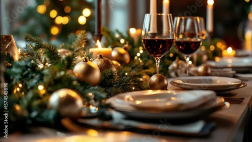 Christmas festive table setting featuring wine glasses candles ornaments and decorations