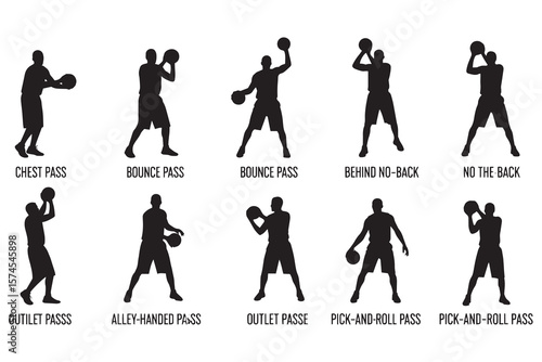 silhouette illustration of nine basketball players in different shooting poses