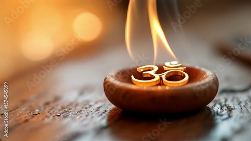 Burning gold om symbol lit with flame and spirituality focus cinematic close up