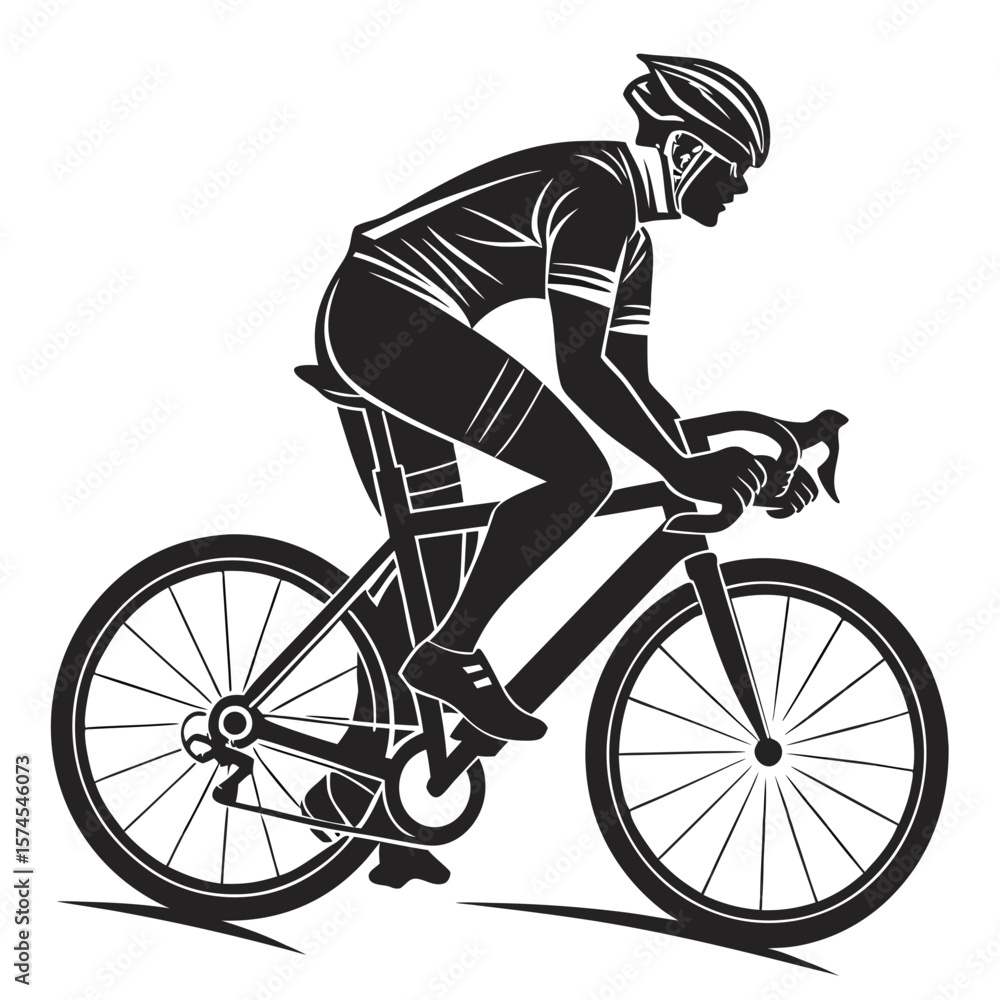 Naklejka premium Black and white graphic illustration of a cyclist in motion on a road bike bicycle
