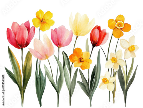 Wallpaper Mural Vibrant watercolor illustration of various spring flowers, including tulips and daffodils, showcasing colorful and cheerful arrangement. delicate petals and lush green leaves create lively Torontodigital.ca