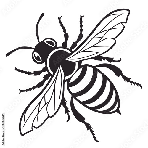 Black and white graphic illustration of a stylized bee with striped abdomen insect