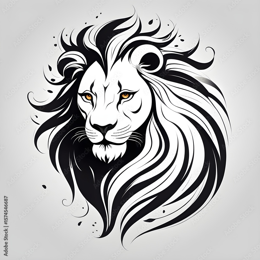 Fototapeta premium Lion portrait sketch* – Detailed monochrome lion face illustration with abstract mane swirls, ideal for graphic design, tattoo artists