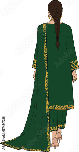 Elegant female figure in a green shalwar kameez with intricate gold embroidery, shown from the back against a clean transparent backdrop.