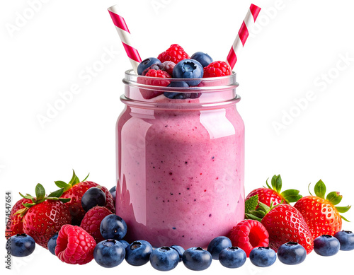 Front View of Berry Smoothie in Mason Jar with Straw and Fresh Mixed Berries on Top, Isolated on Transparent Background