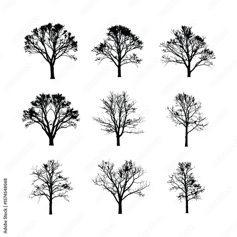 Obraz premium Nine black tree silhouettes arranged in a grid formation against a plain white background.