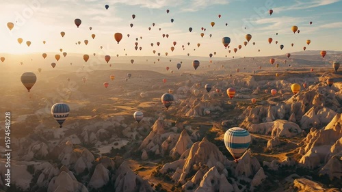 Hot air balloons ascending over cappadocia valley at sunrise in turkey